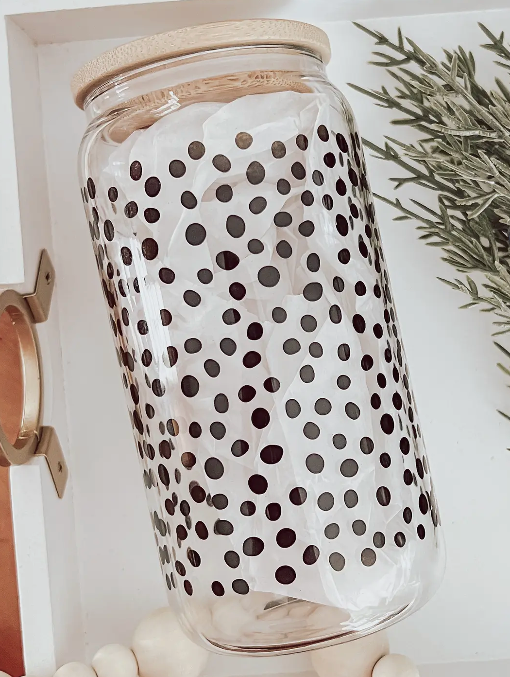 Black Dots 16 oz Glass Cup with Bamboo Lid