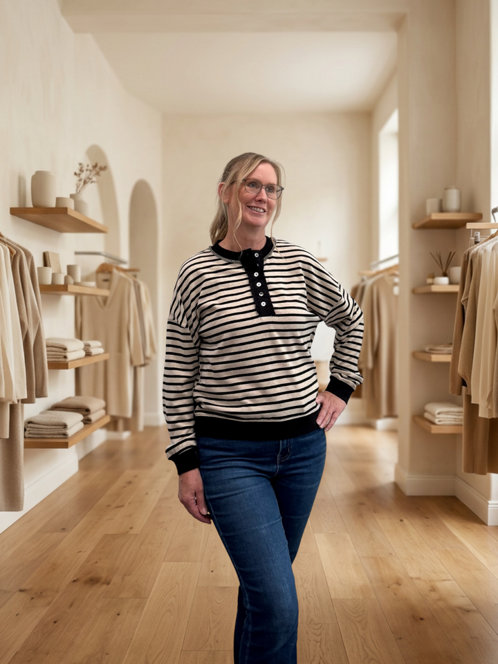 Oversized Waffle Henley Top in Black &amp; Taupe Stripe