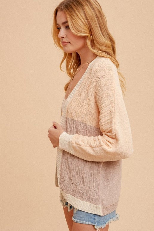 Cable Knit Color Block Dolman Sleeve Cardigan