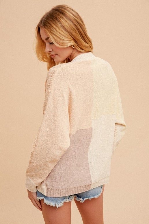 Cable Knit Color Block Dolman Sleeve Cardigan