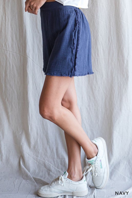 Frayed Hem Navy Shorts