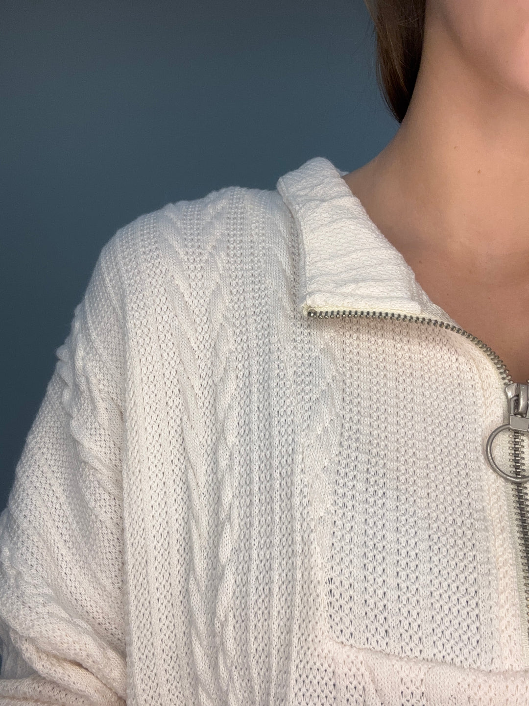 Women’s Cable Knit Half Zip Pullover Top in Ivory