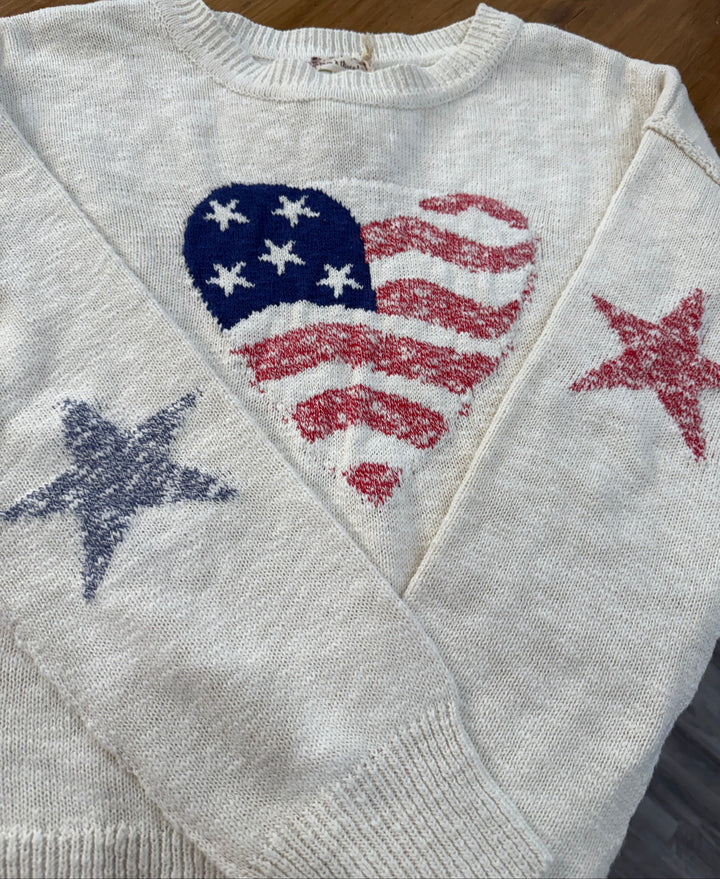 American Flag Heart Cotton Knit Sweater