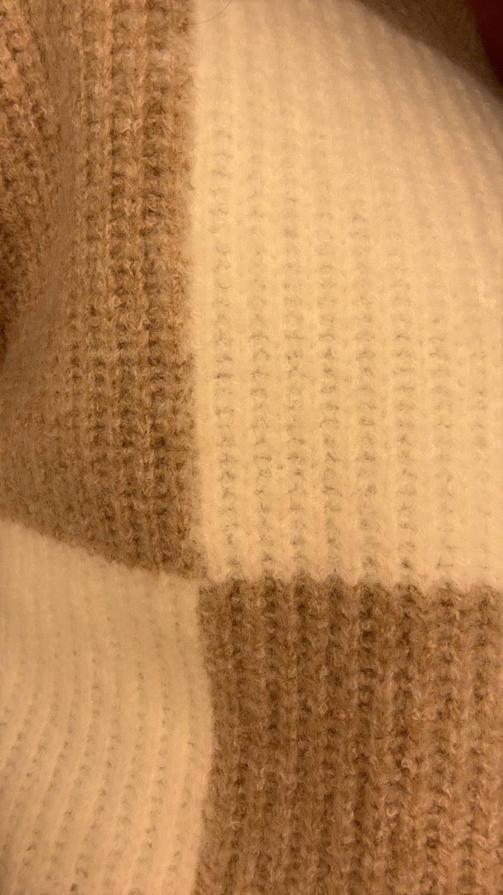 Taupe &amp; Ivory Checker Crew Neck Sweater