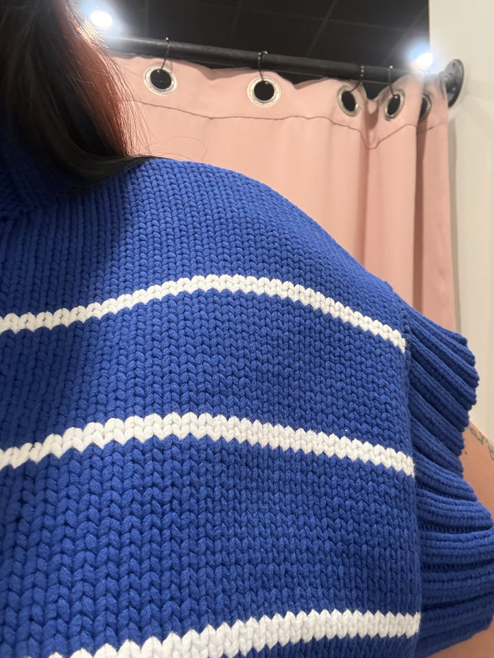 Light Navy Striped Short Sleeve Knit Sweater Top