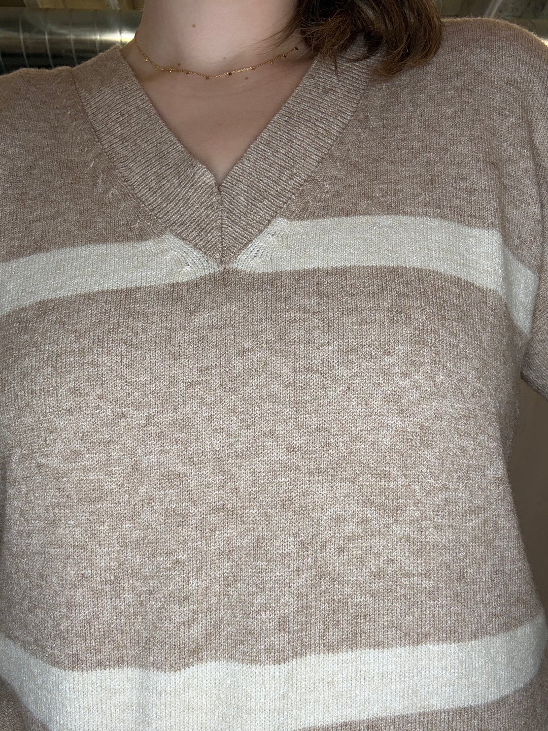 V-Neck Drop Shoulder Stripe Sweater in Oatmeal