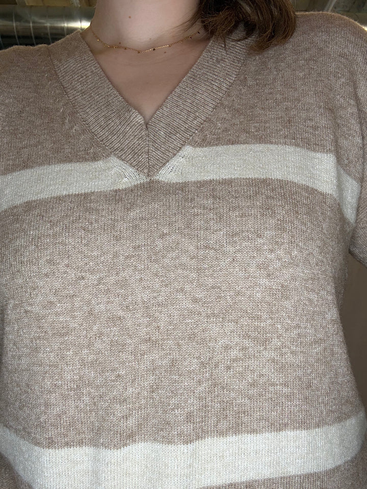 V-Neck Drop Shoulder Stripe Sweater in Oatmeal