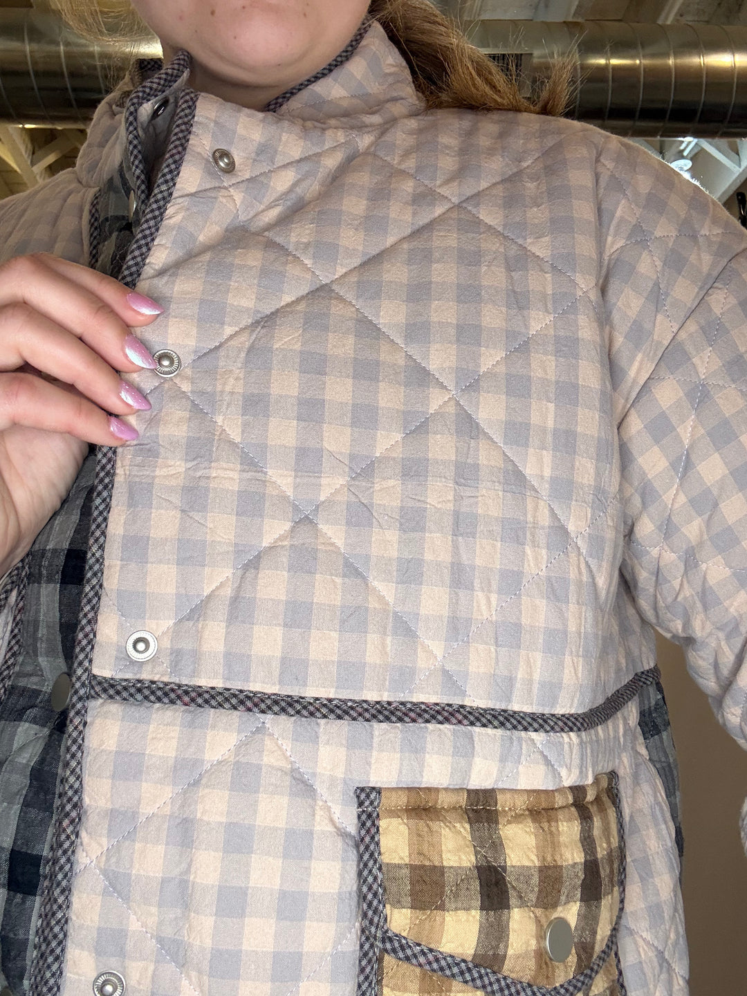 Pale Blue Mixed-Media Plaid Quilted Jacket