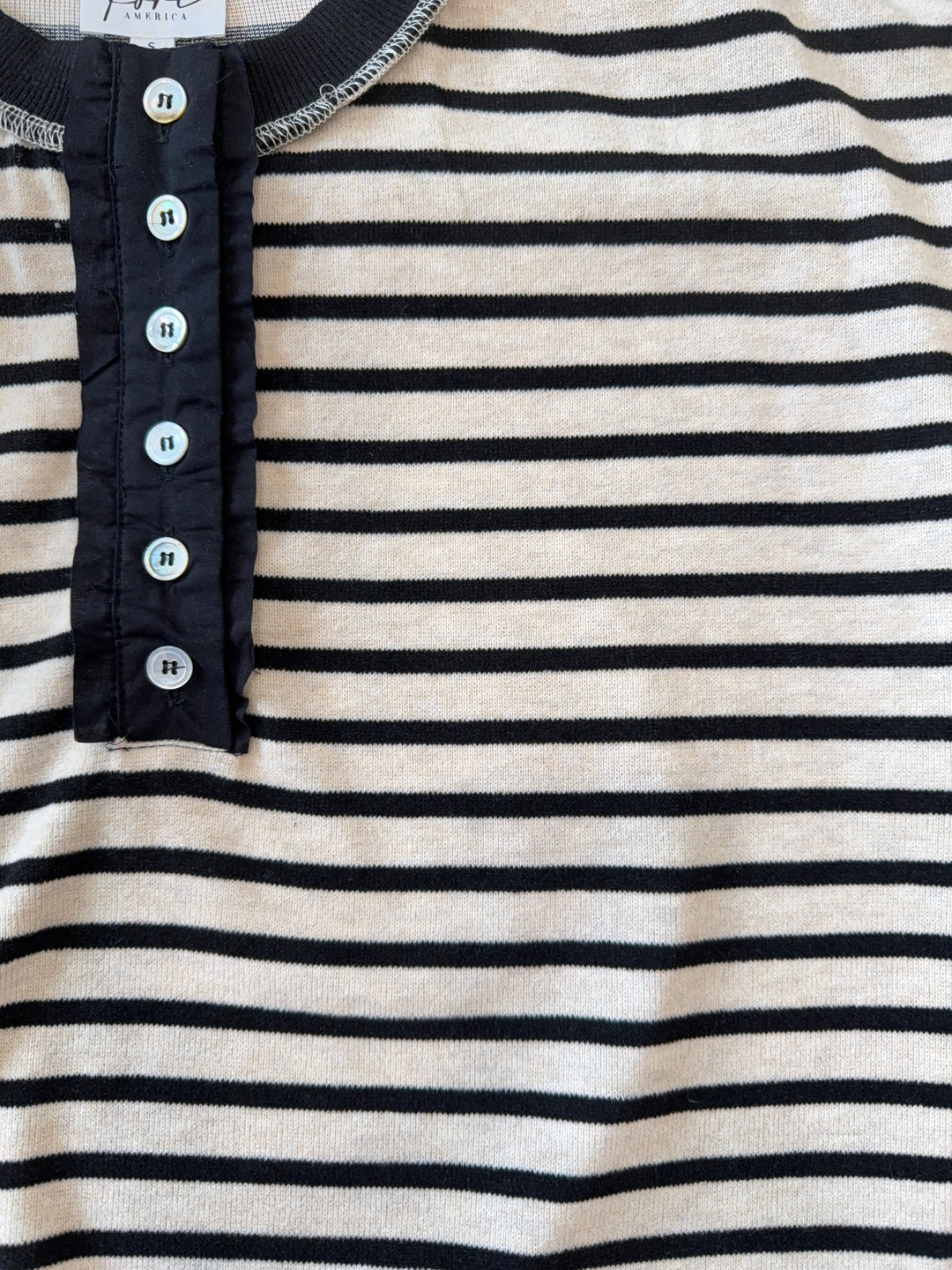 Oversized Waffle Henley Top in Black &amp; Taupe Stripe