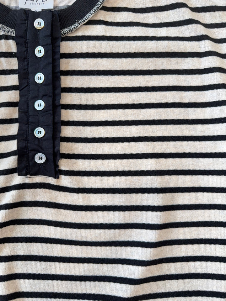 Oversized Waffle Henley Top in Black &amp; Taupe Stripe