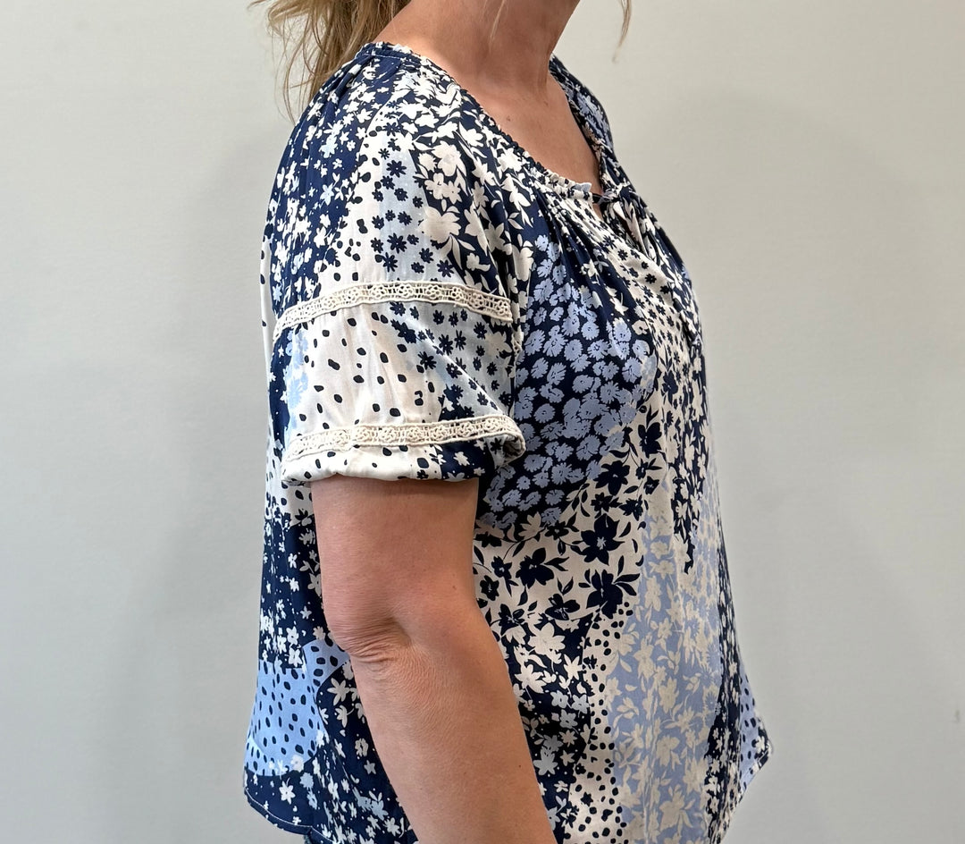 Blue Floral Puff Sleeve V-Neck Top with Lace Trim