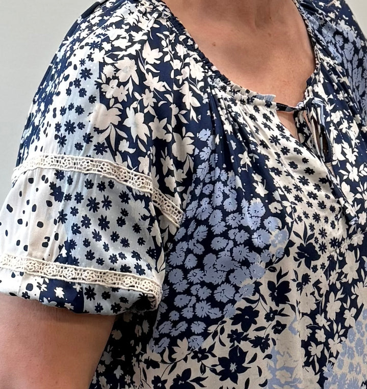 Blue Floral Puff Sleeve V-Neck Top with Lace Trim