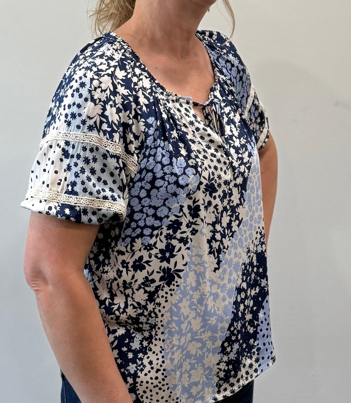Blue Floral Puff Sleeve V-Neck Top with Lace Trim