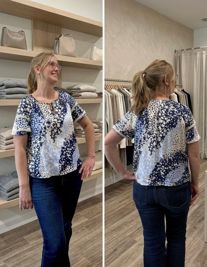 Blue Floral Puff Sleeve V-Neck Top with Lace Trim