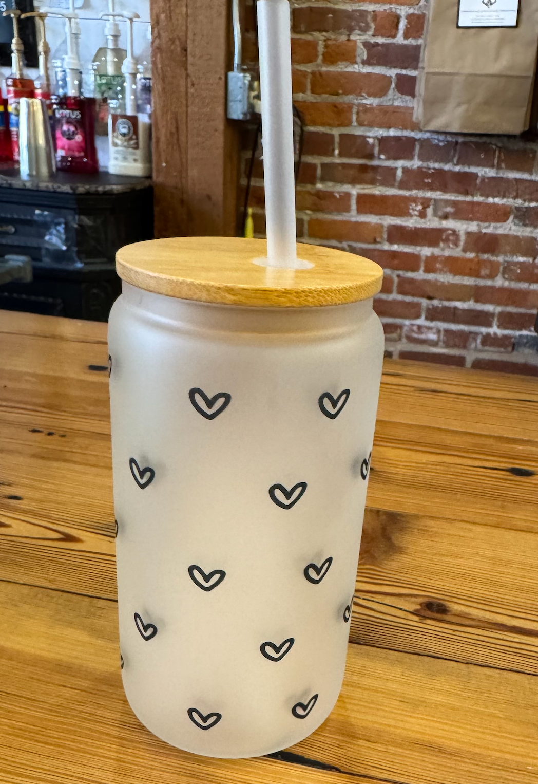 Mini Hearts 16 oz Glass Cup with Bamboo Lid