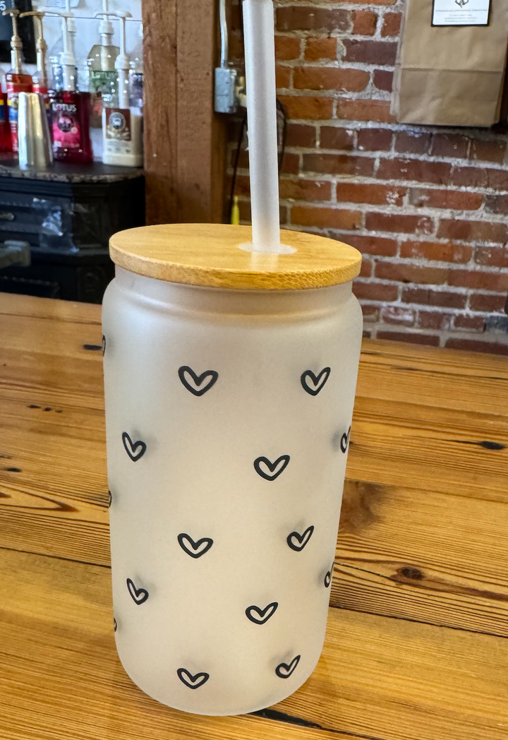 Mini Hearts 16 oz Glass Cup with Bamboo Lid