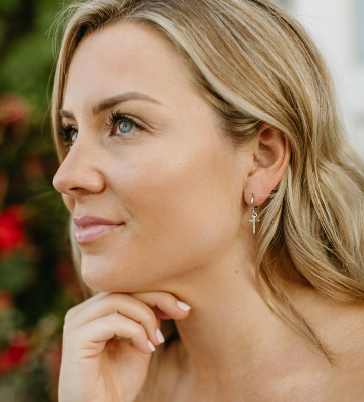 Silver Cross Huggie Earrings – 18K White Gold Plated Stainless Steel Hoops