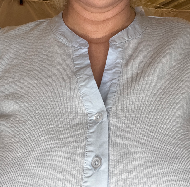 Blue Puff Sleeve Ribbed Henley Top