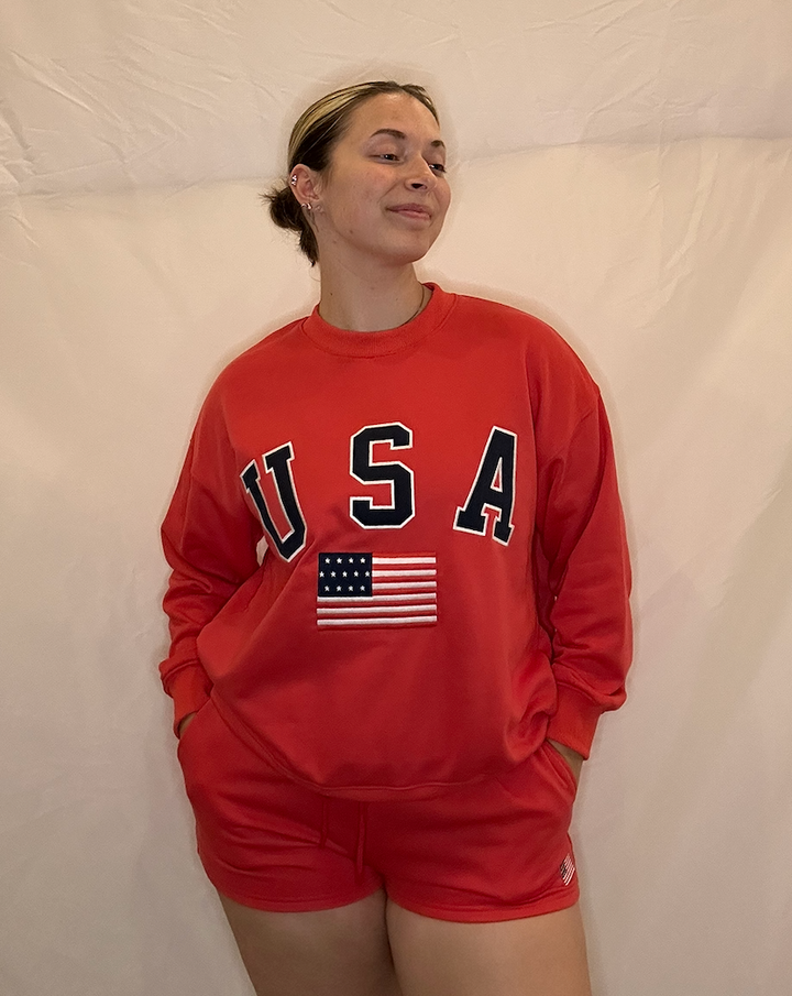 Red USA Oversized Crew Neck Sweatshirt
