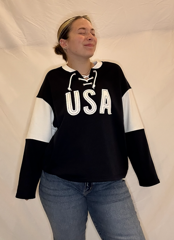 Navy USA Color Block Oversized Long Sleeve Top