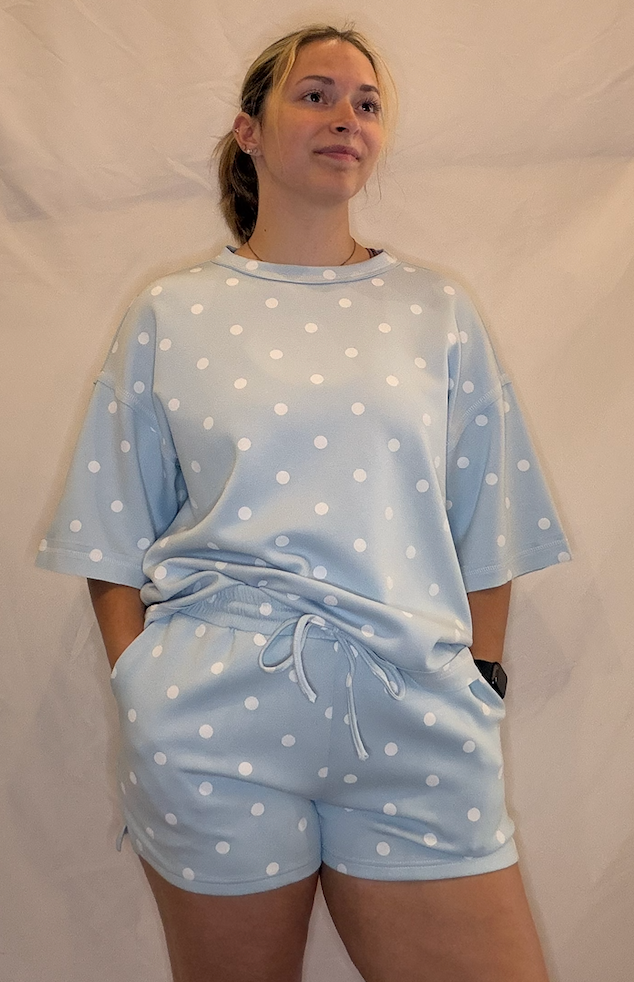 Blue Polka Dot Scuba Top &amp; Shorts Matching Set