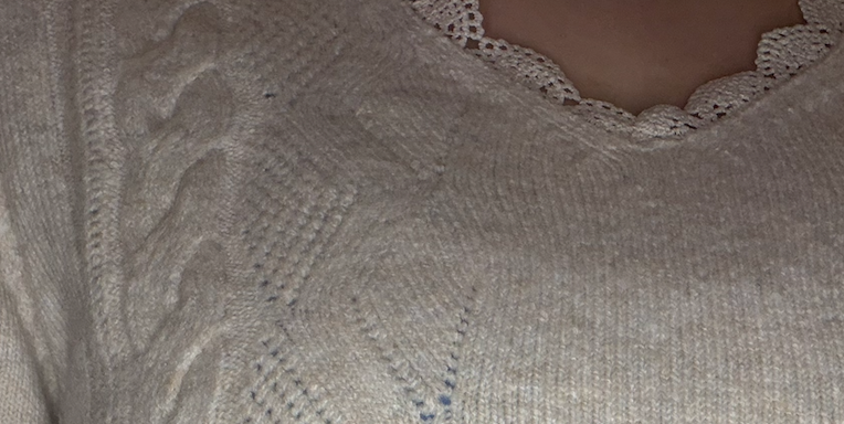 Khaki Cable-Knit Lace-Trim Pullover Sweater