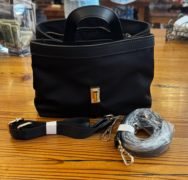 Black Satchel Handbag with Gold Hardware &amp; Detachable Straps