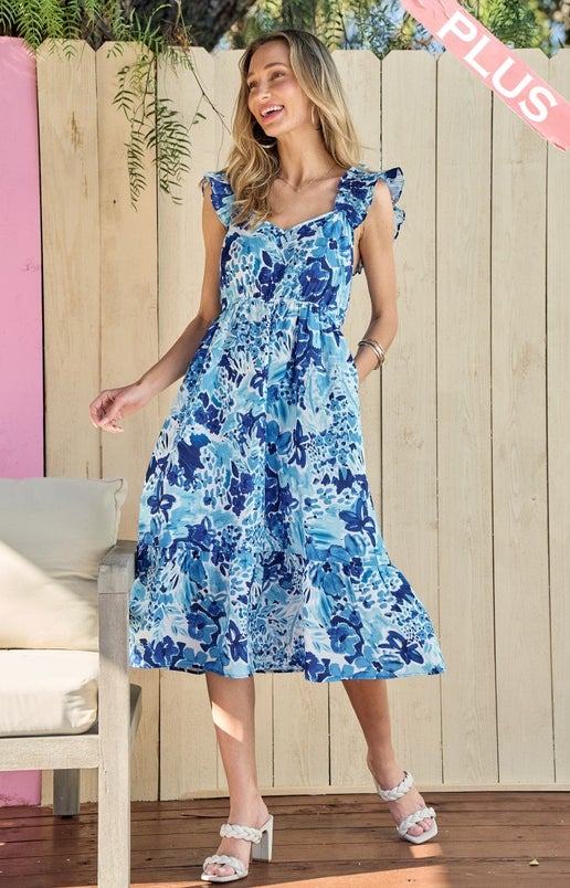 Sweet Heart Neckline Smocked Ruffle Sleeve Detailed Dress