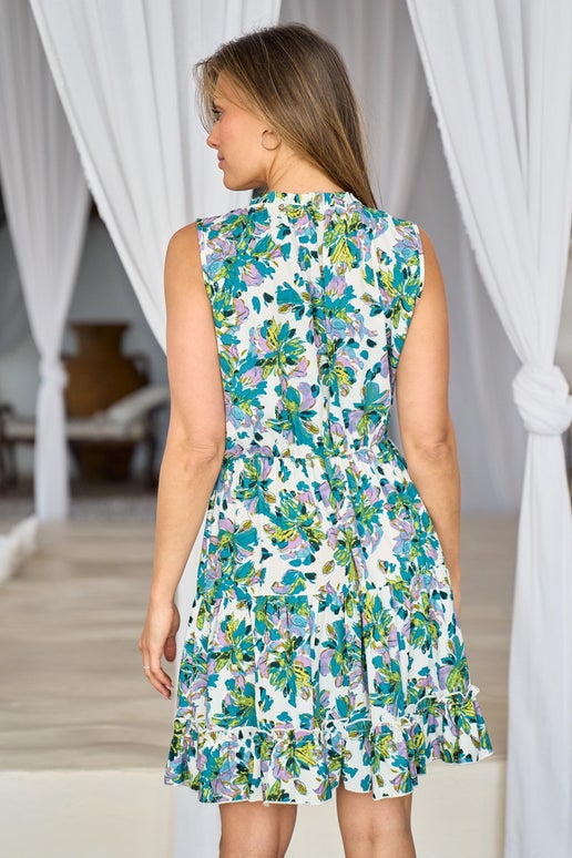 Teal Floral Printed Short Sleeve Dress