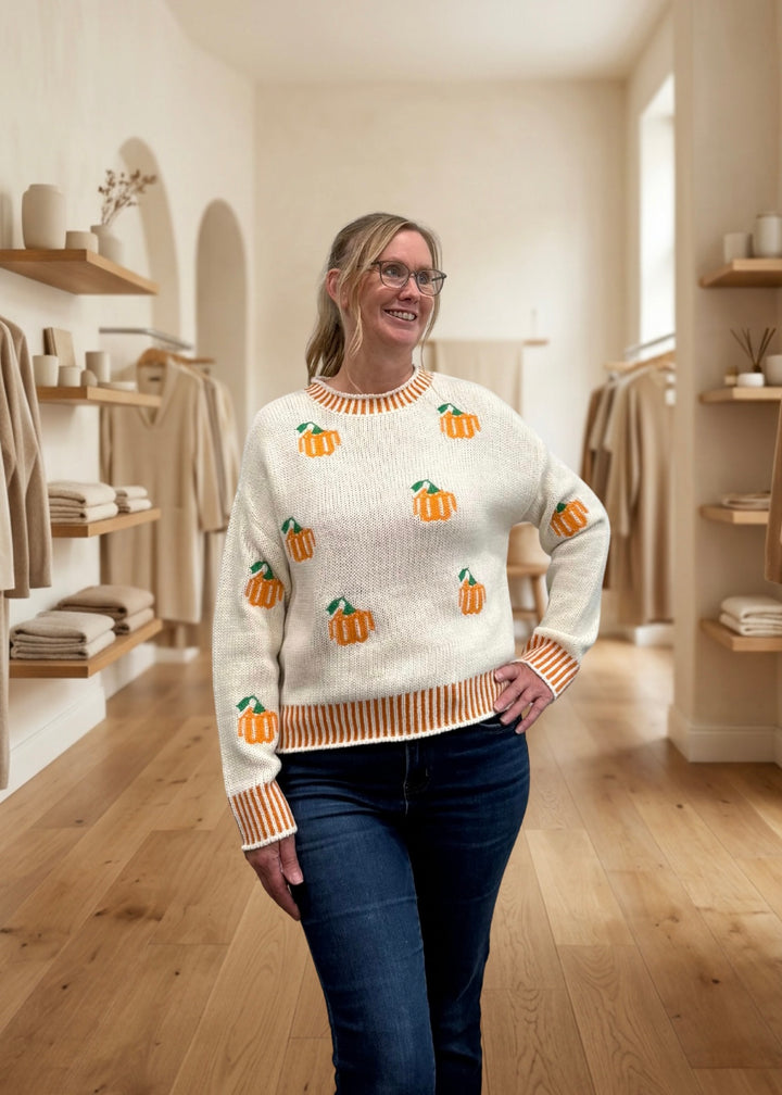 Pumpkin Pattern Cozy Ribbed Neck Sweater