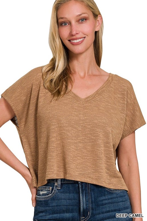 V-NECK DROP SHOULDER SLUB HACCI CROP TOP