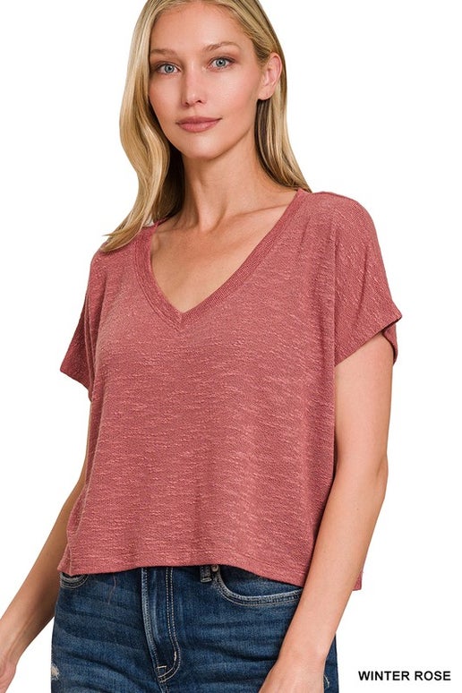 V-NECK DROP SHOULDER SLUB HACCI CROP TOP
