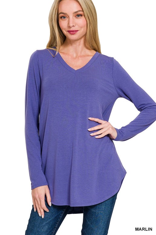 V-Neck Round Hem Long Sleeve