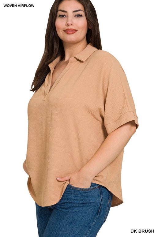 Woven Collared V-Neck Short Sleeve Top