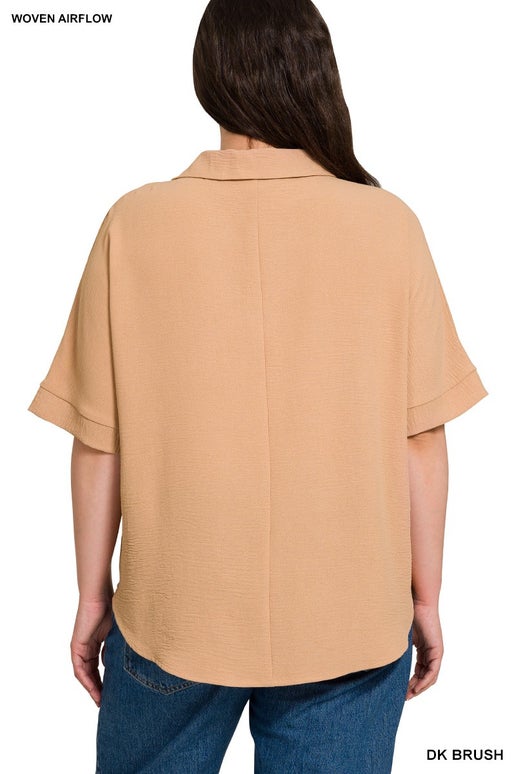 Woven Collared V-Neck Short Sleeve Top