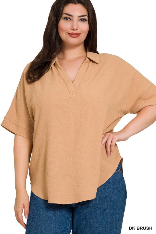 Woven Collared V-Neck Short Sleeve Top
