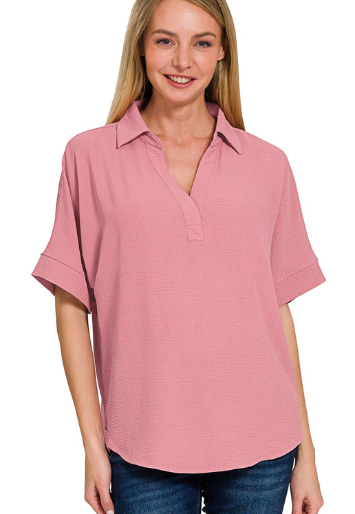 Woven Collared V-Neck Short Sleeve Top