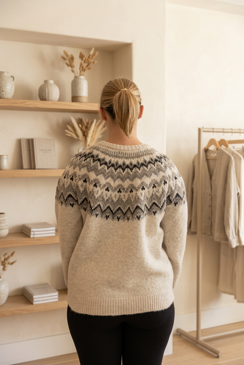 Back-view sweater photo with boutique background