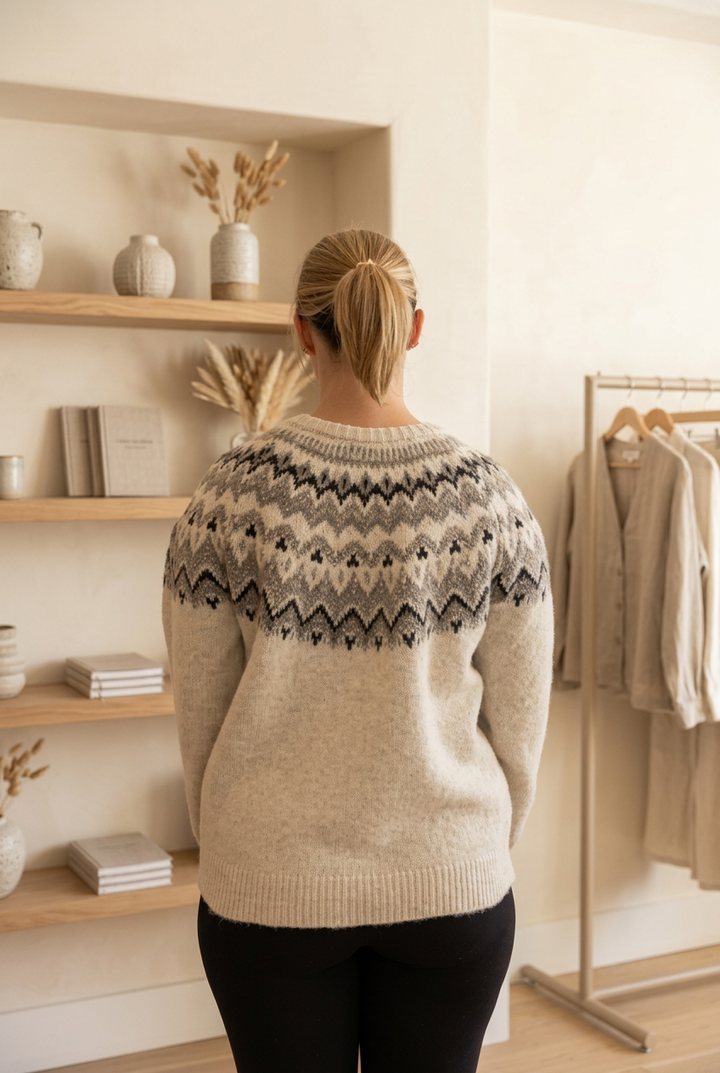 Back-view sweater photo with boutique background