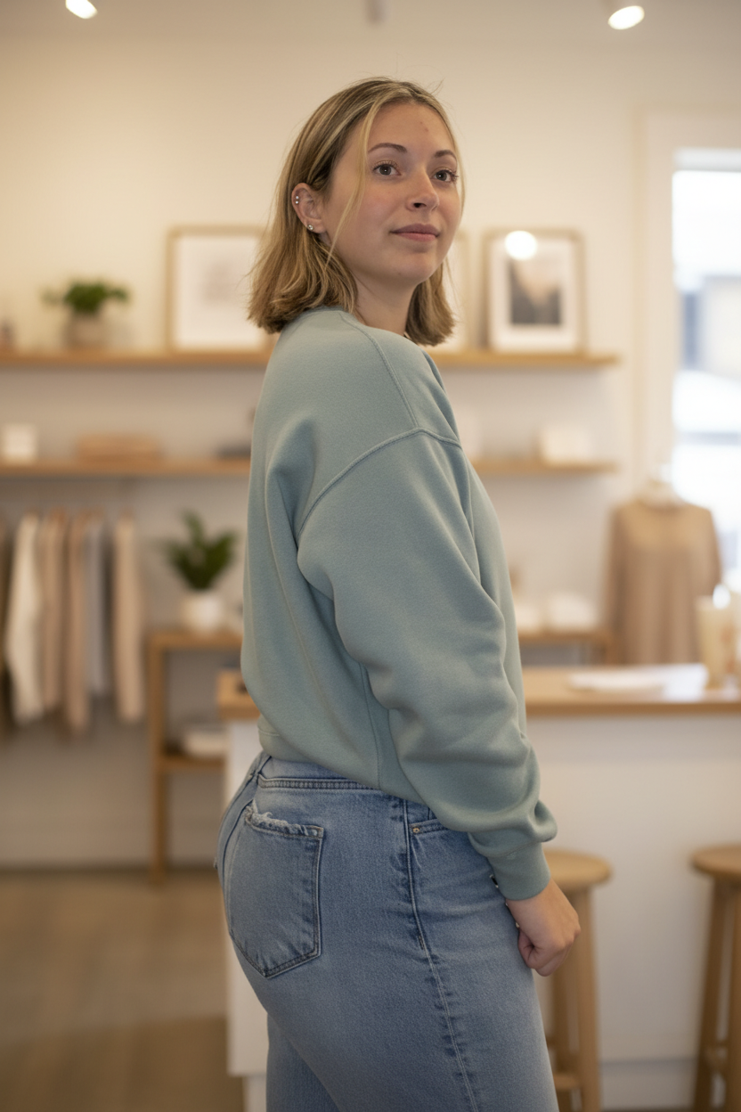 Back view with boutique background