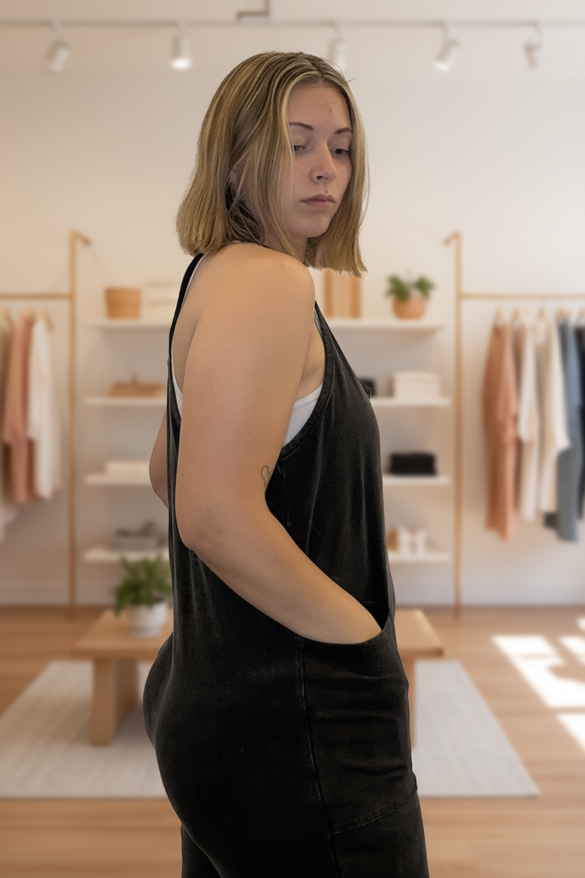 Back view with boutique background
