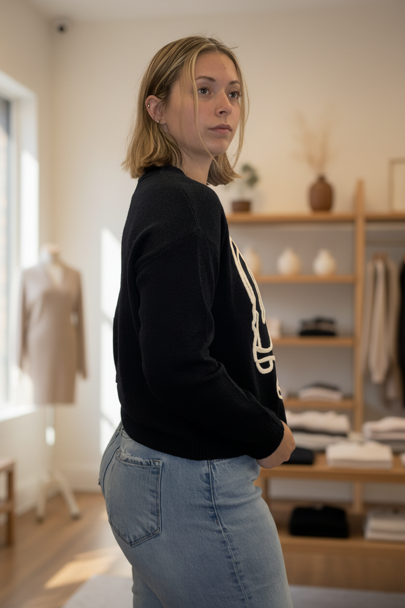 Back view with boutique background