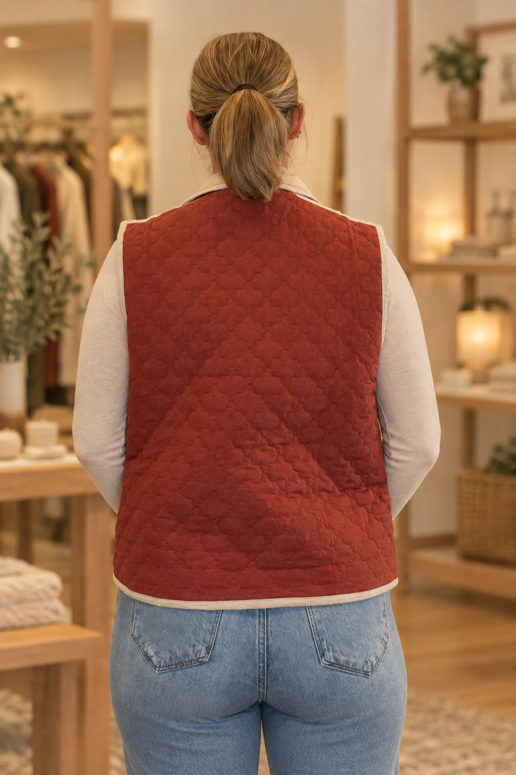 Back view with long sleeves and boutique background