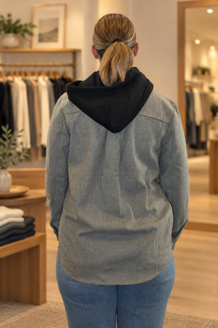 Back view with modern boutique background