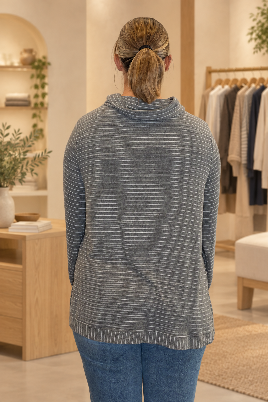 Back view with modern boutique background