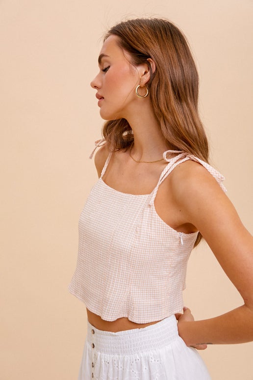 Beige Shoulder Tie Strap Crop Top