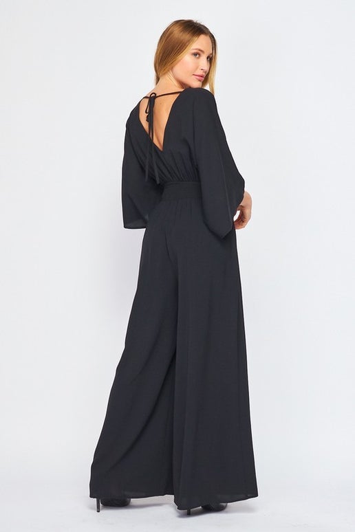 3/4 Sleeve Black V-Neck Jumpsuit