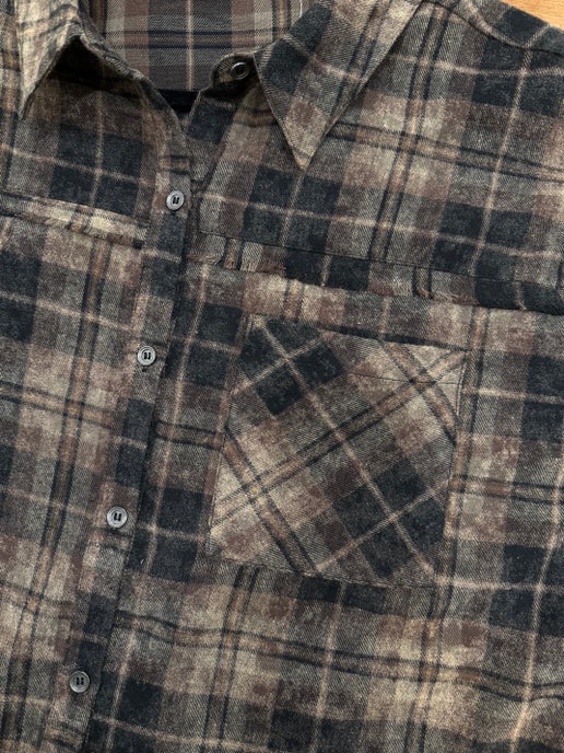 Black/Brown Frayed Hem Flannel Shirt