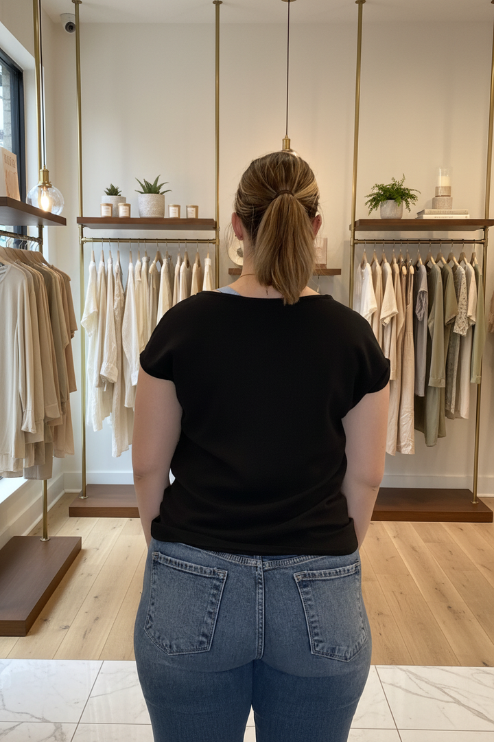 Black Cap-Sleeve Top Back — Boutique Background