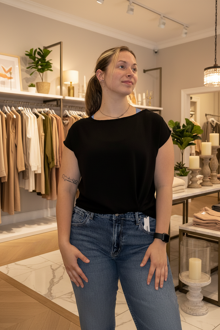 Black Cap-Sleeve Top Front — Boutique Background